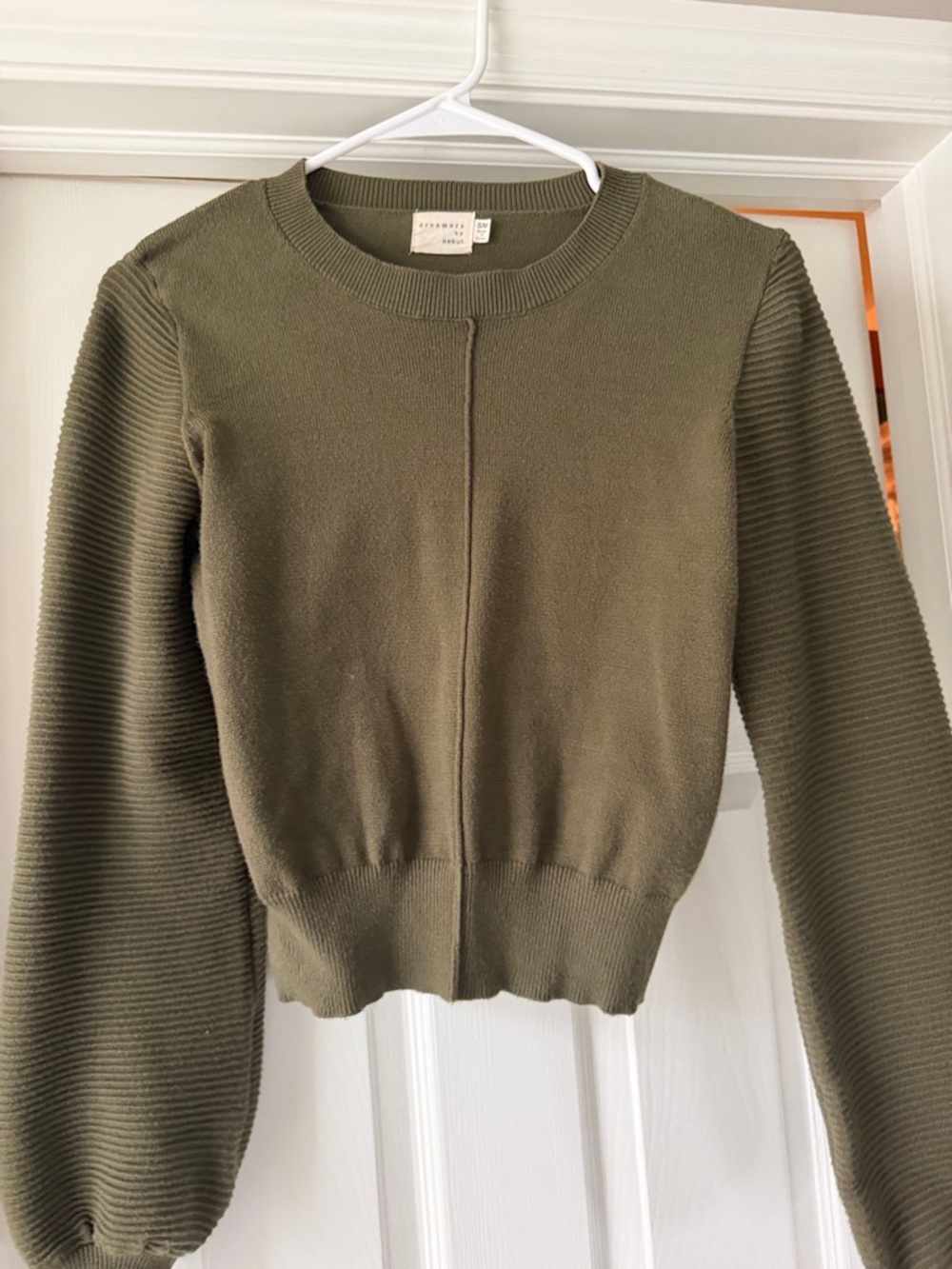 Dreamers Olive Crewneck Sweater with Ribbed Balloon Sleeves